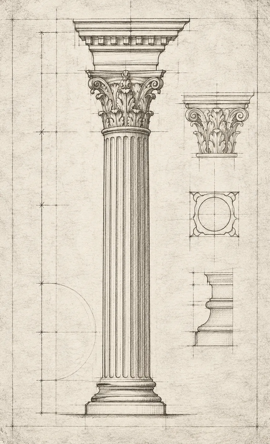 Draughtsman's elevation of a Corinthian column, with the capital, base and plan drawn separately.