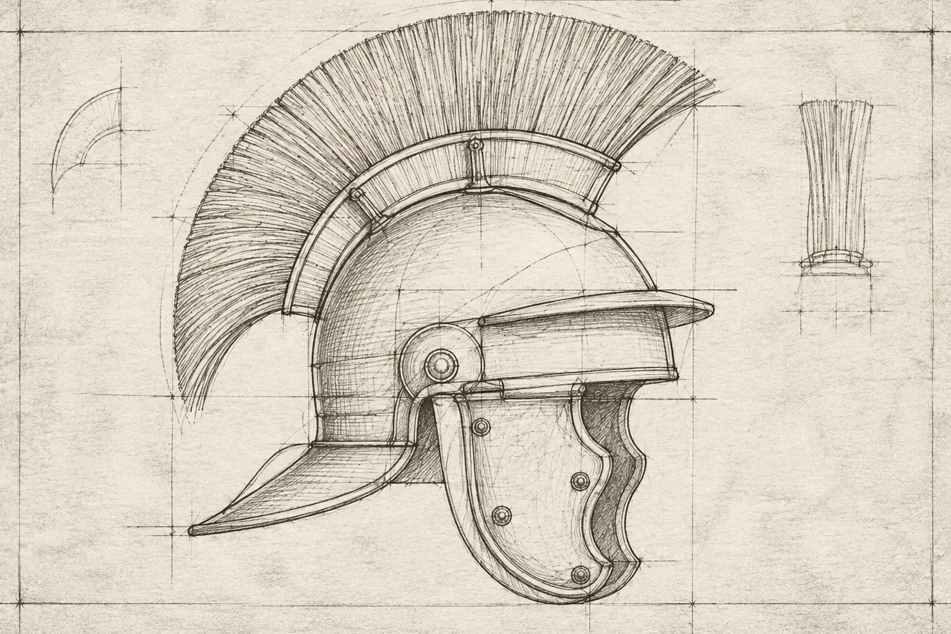 Draughtsman's elevation of a Roman legionary helmet, with a separate detail of the crest.