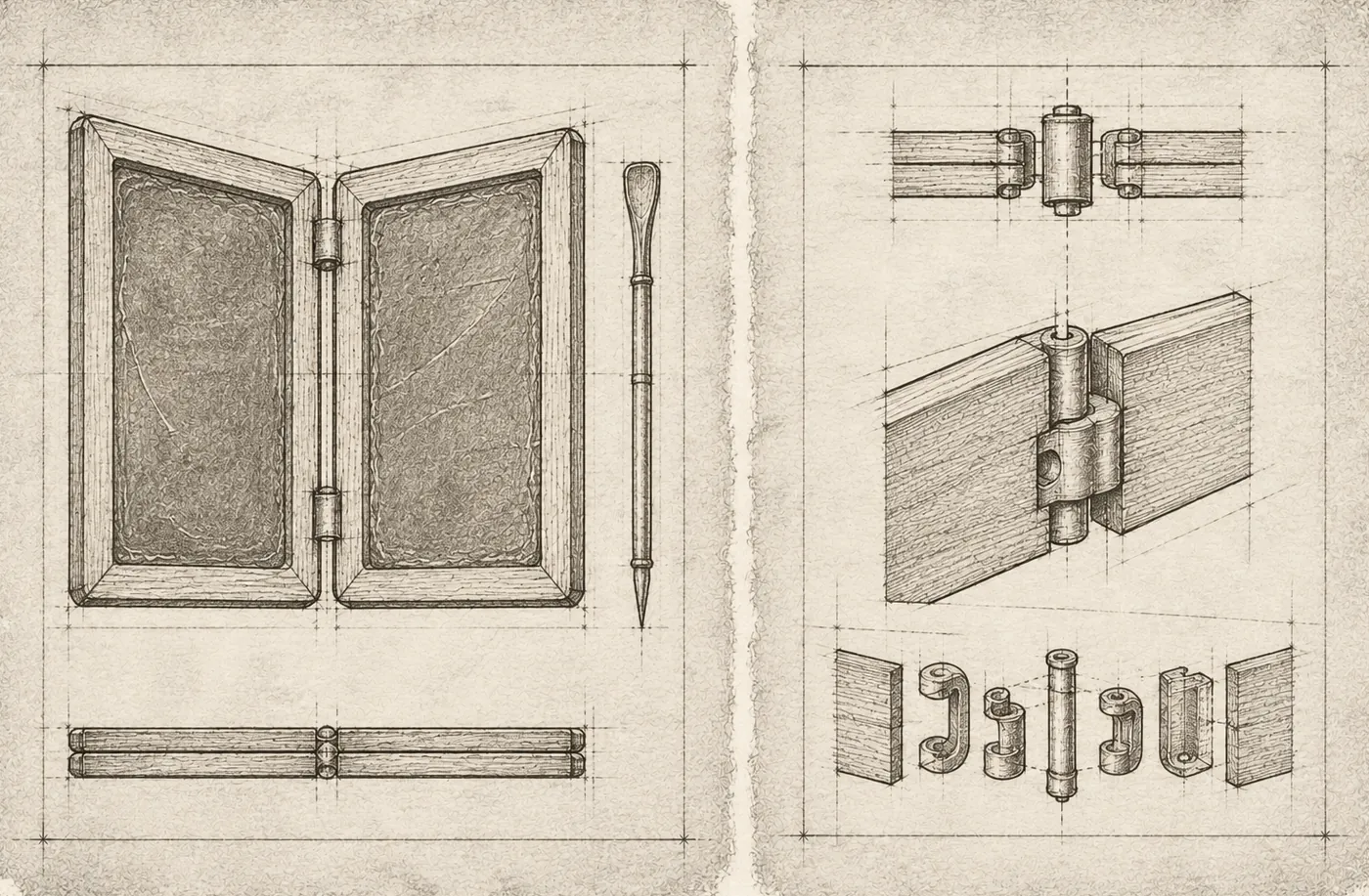 Two draughtsman's plates side by side: a hinged wax tablet with its stylus, and a hinge drawn in plan, in perspective and taken apart.