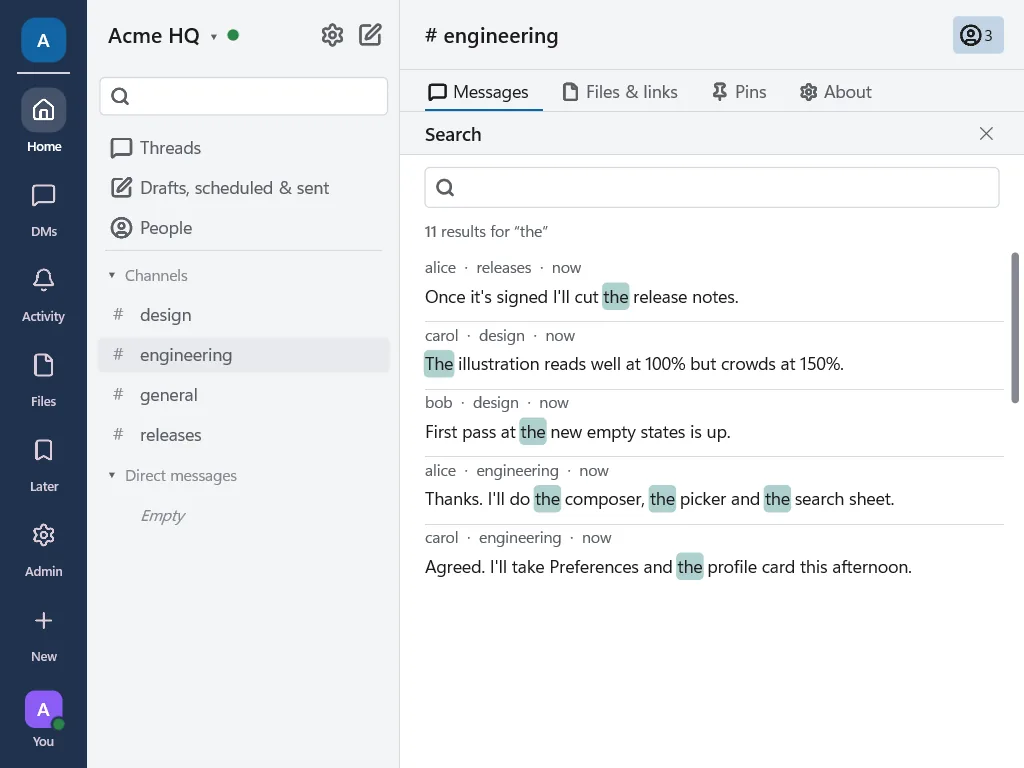 OpenChime: search across a workspace, full size.
