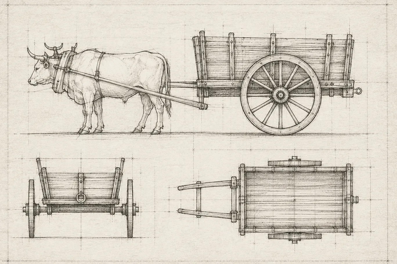Draughtsman's plate of an ox and cart in three views: side elevation, front elevation and plan.