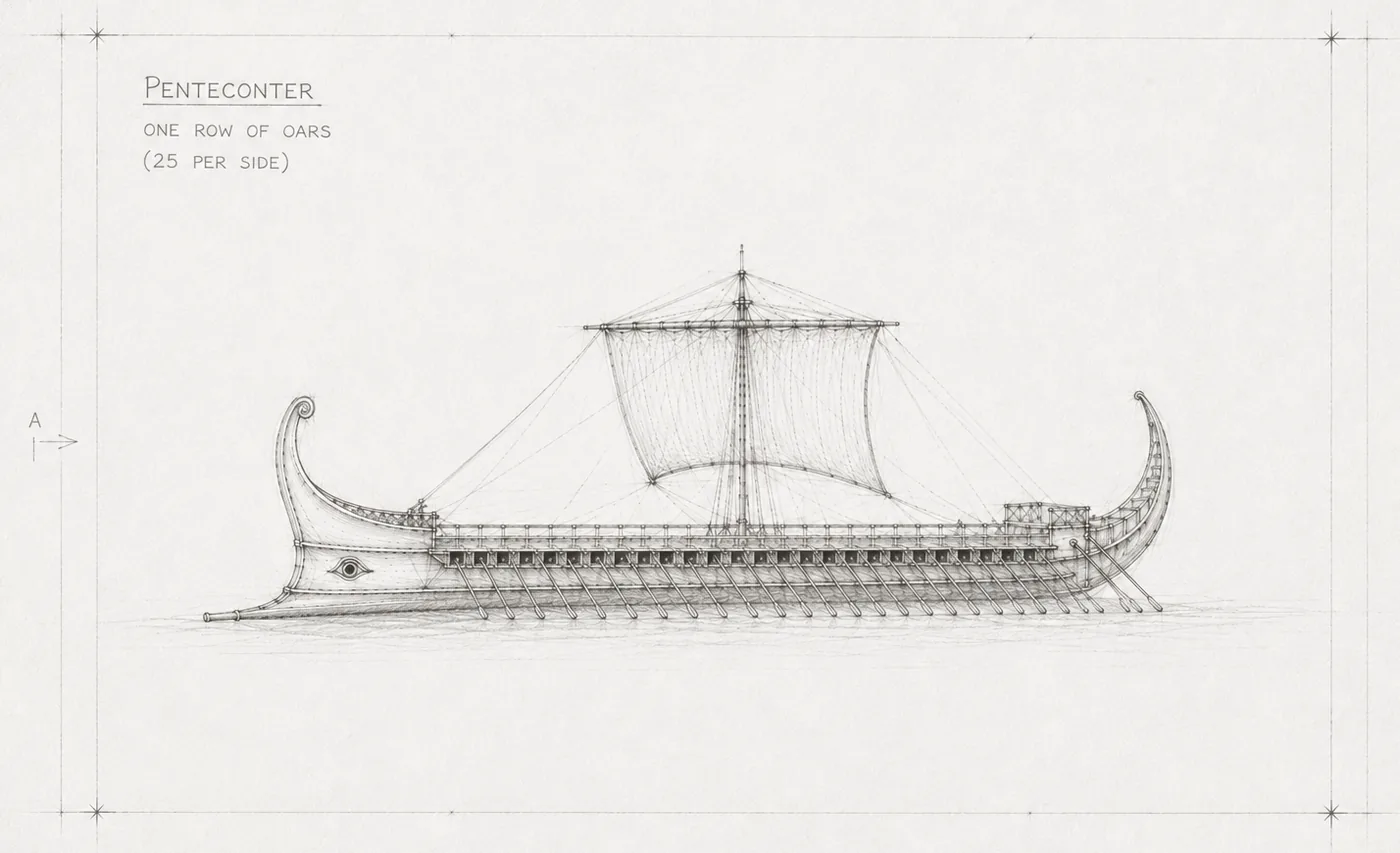 Draughtsman's elevation of a penteconter: a single row of twenty-five oars per side, one mast, one square sail.