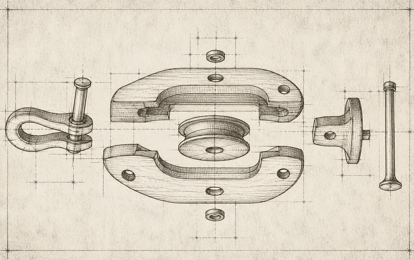 Draughtsman's exploded assembly of a pulley block: shackle, two cheek plates, sheave, becket and pin drawn apart along one axis.