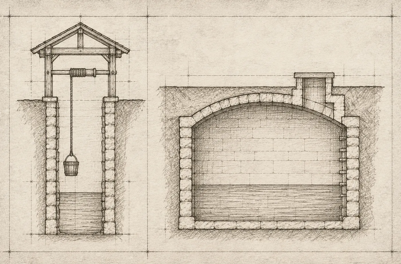 Draughtsman's sections of a well with its windlass and bucket, and of a vaulted stone cistern below ground.
